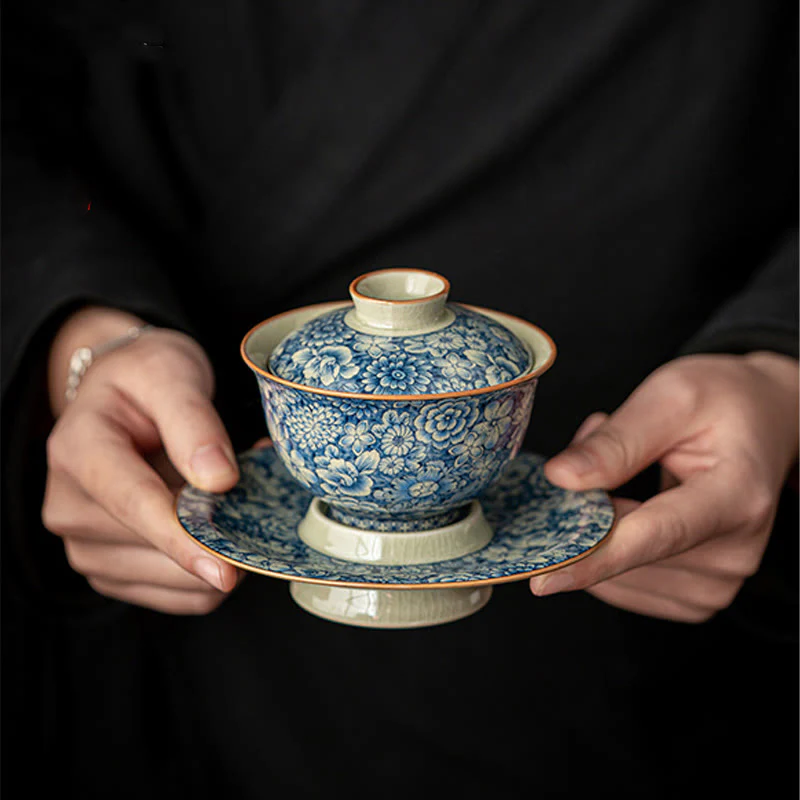 Buddha Stones Vintage Blu e Bianco Porcellana Fiore di Pesco Loto Peonia Ceramica Gaiwan Sancai Tazza da Tè Kung Fu Tazza da Tè e Piattino con Coperchio - Image 8