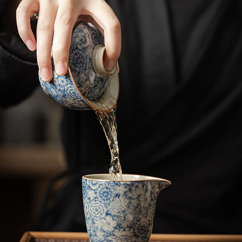 Buddha Stones Vintage Blu e Bianco Porcellana Fiore di Pesco Loto Peonia Ceramica Gaiwan Sancai Tazza da Tè Kung Fu Tazza da Tè e Piattino con Coperchio - Image 9
