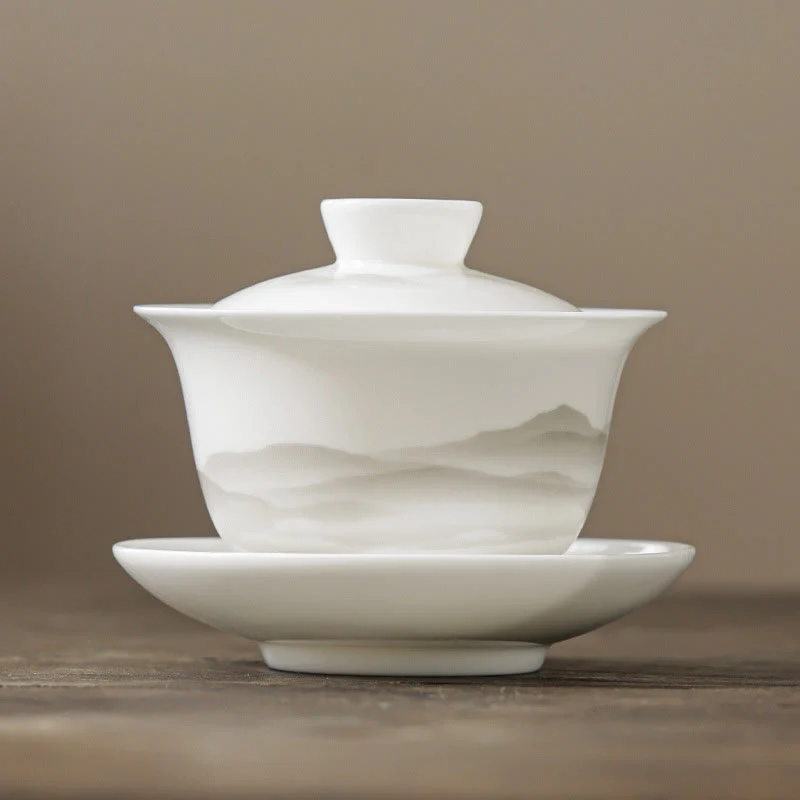 Buddha Stones Vintage Ink Painting Mountain White Porcelain Ceramic Gaiwan Sancai Tazza da tè Kung Fu Tazza da tè e piattino con coperchio Utensile da tè Teiera