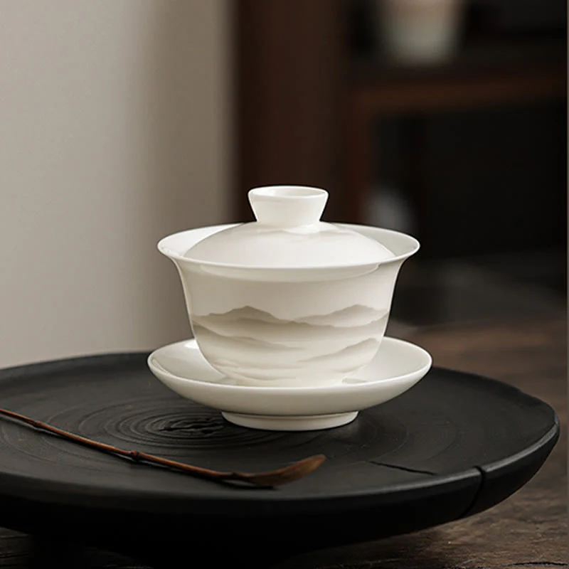 Buddha Stones Vintage Ink Painting Mountain White Porcelain Ceramic Gaiwan Sancai Tazza da tè Kung Fu Tazza da tè e piattino con coperchio Utensile da tè Teiera - Image 9