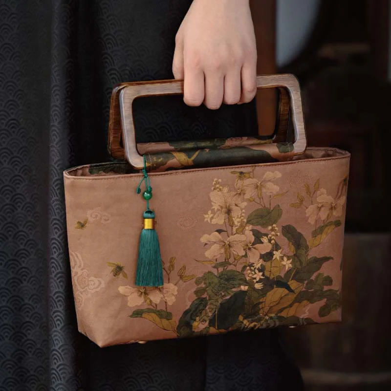 Buddha Stones Vintage Marrone Fiori Foglie di bambù verde Manici in legno Borsa a mano con cerniera