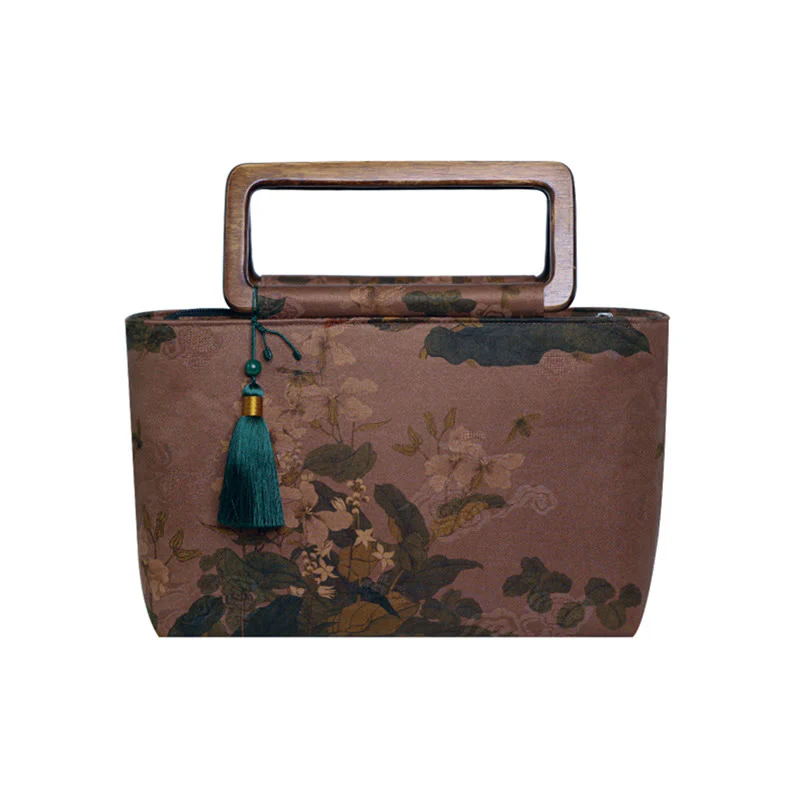Buddha Stones Vintage Marrone Fiori Foglie di bambù verde Manici in legno Borsa a mano con cerniera - Image 14