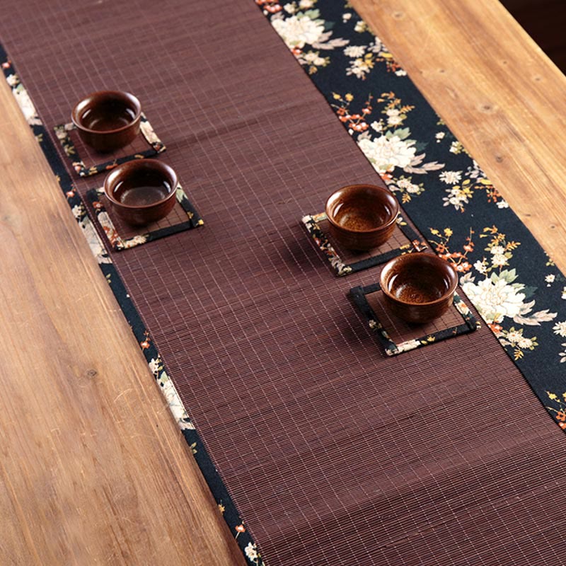 Buddha Stones Vintage Peony Flower Blossom Bamboo Cup Mat Pad Tea Cup Coaster Kung Fu Tea Mat - Image 12