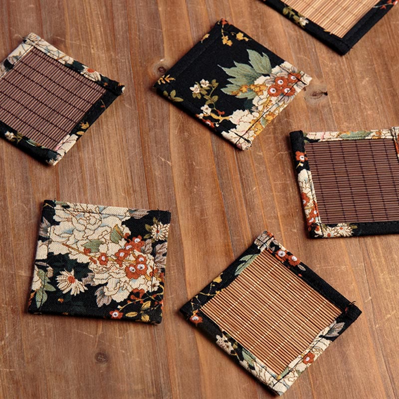 Buddha Stones Vintage Peony Flower Blossom Bamboo Cup Mat Pad Tea Cup Coaster Kung Fu Tea Mat - Image 17