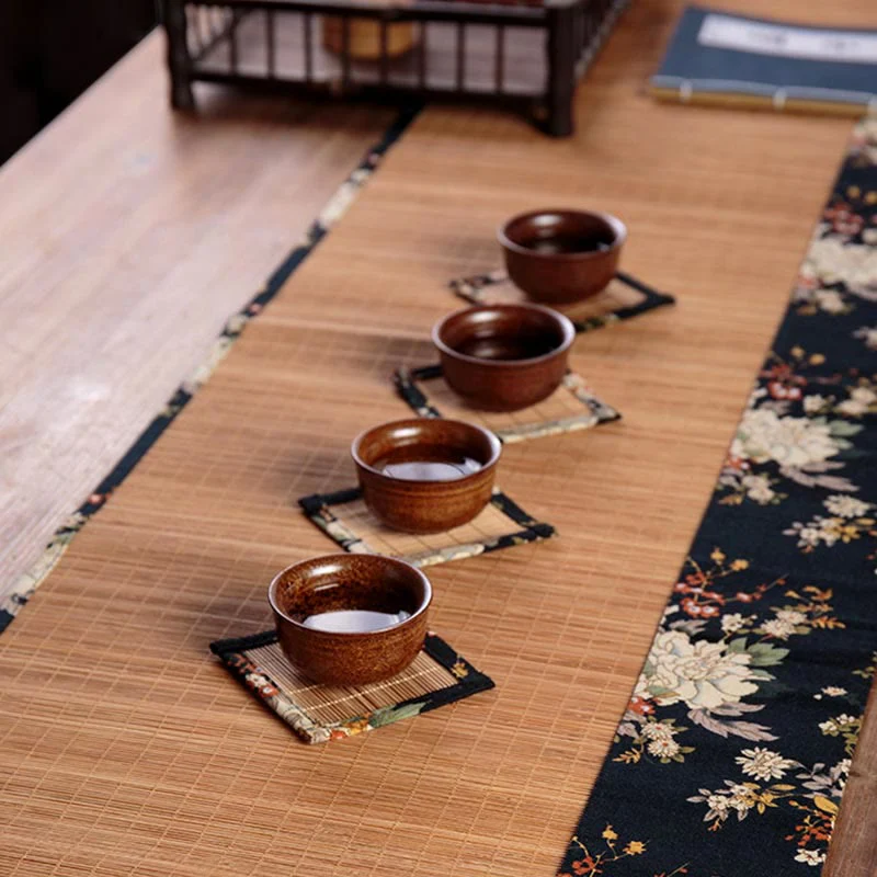 Buddha Stones Vintage Peony Flower Blossom Bamboo Cup Mat Pad Tea Cup Coaster Kung Fu Tea Mat - Image 6