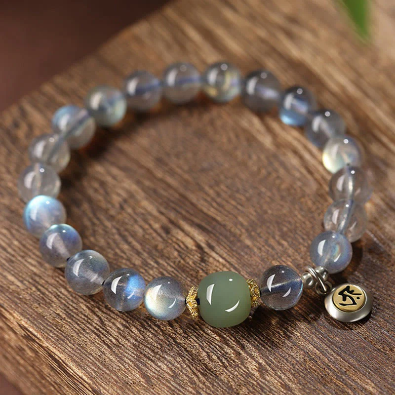 Buddha Stones Zodiaco cinese Buddha natale Argento Sterling 925 Pietra di luna naturale Giada Hetian Braccialetto positivo - Image 2