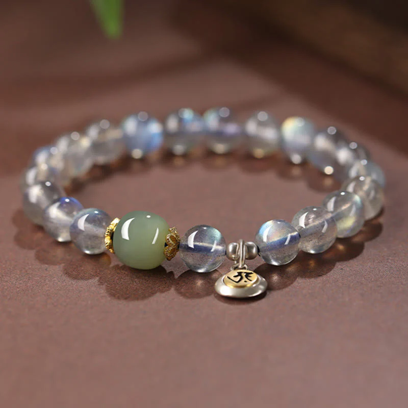 Buddha Stones Zodiaco cinese Buddha natale Argento Sterling 925 Pietra di luna naturale Giada Hetian Braccialetto positivo - Image 4