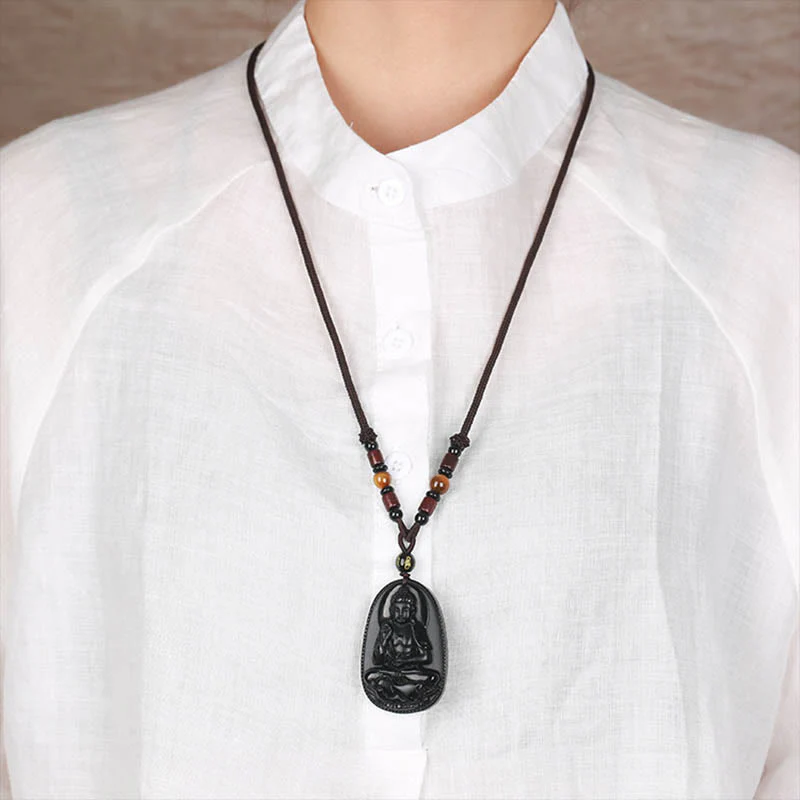 Buddha Stones Zodiaco cinese Buddha natale Ossidiana nera naturale Collana pendente di purificazione - Image 11