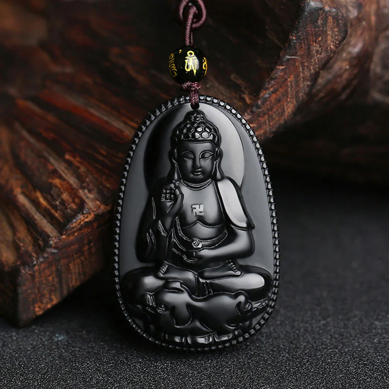 Buddha Stones Zodiaco cinese Buddha natale Ossidiana nera naturale Collana pendente di purificazione - Image 3