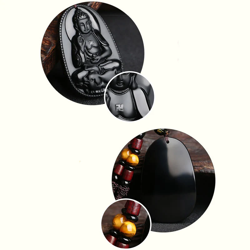 Buddha Stones Zodiaco cinese Buddha natale Ossidiana nera naturale Collana pendente di purificazione - Image 5