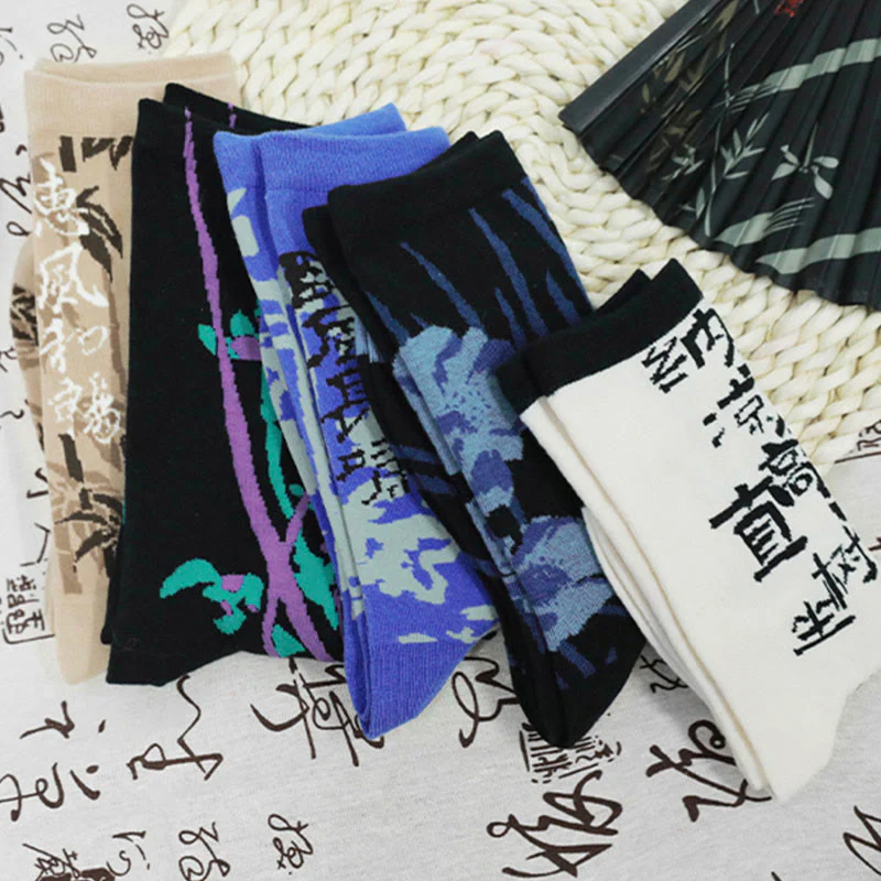 Calzini da donna in cotone micro con motivo floreale e calligrafia cinese Buddha Stones - Image 34