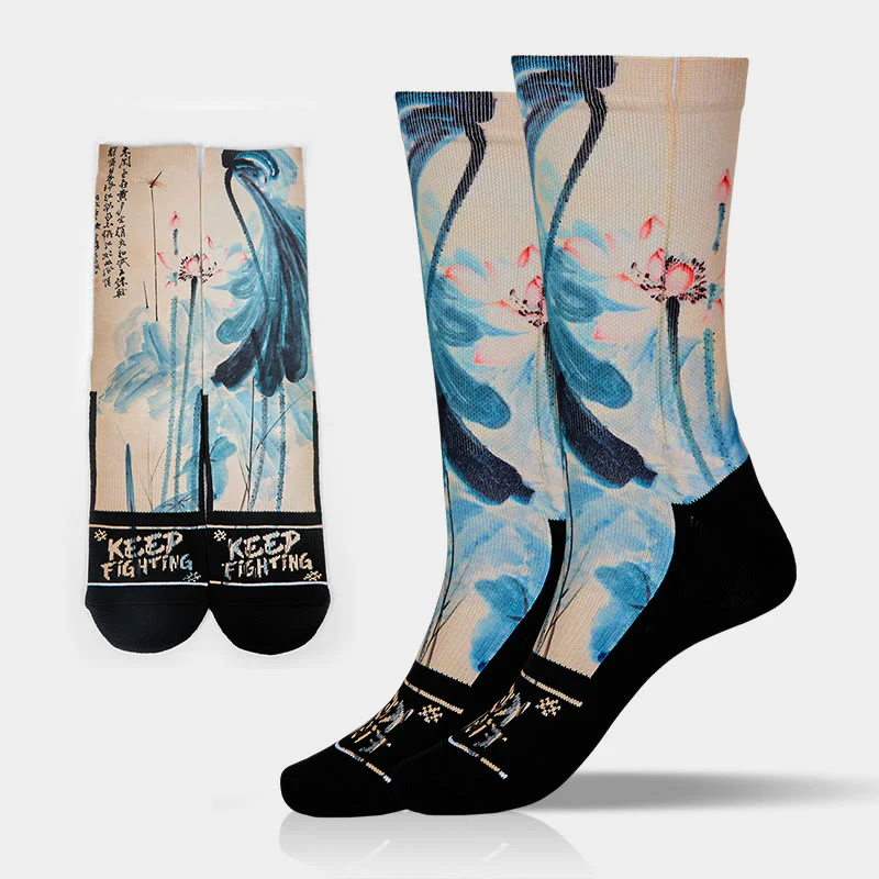 Calzini unisex da uomo e da donna, motivo: Buddha Stones, motivo: Lotus, paesaggio cinese dipinto, micro-mesh