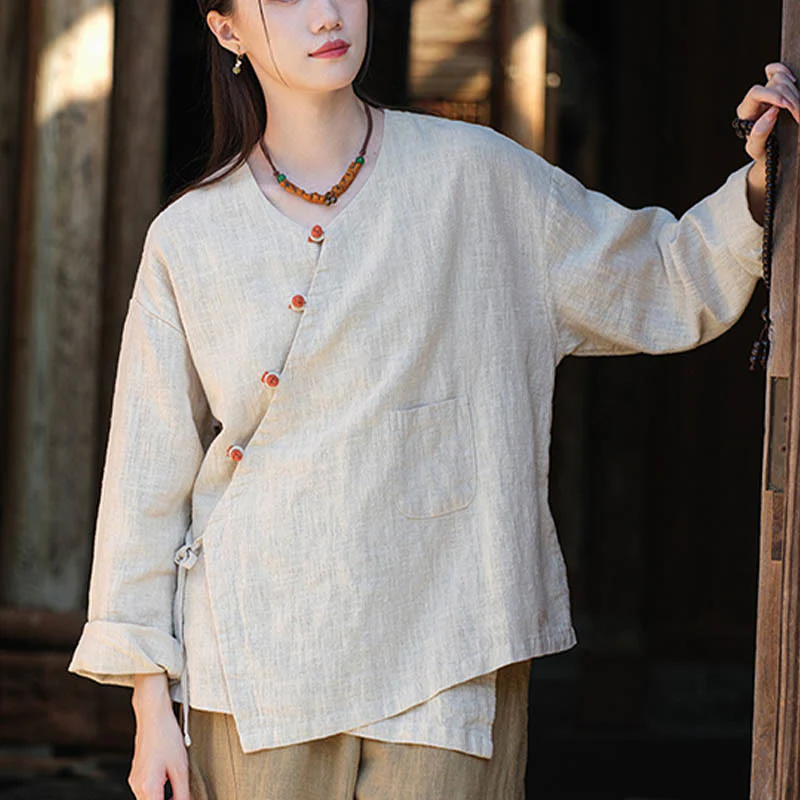 Camicetta ampia in lino ramiè tinta unita Buddha Stones, a maniche lunghe, cinese Hanfu Top - Image 3