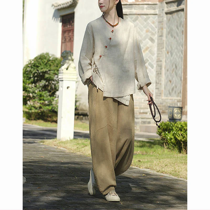 Camicetta ampia in lino ramiè tinta unita Buddha Stones, a maniche lunghe, cinese Hanfu Top - Image 7