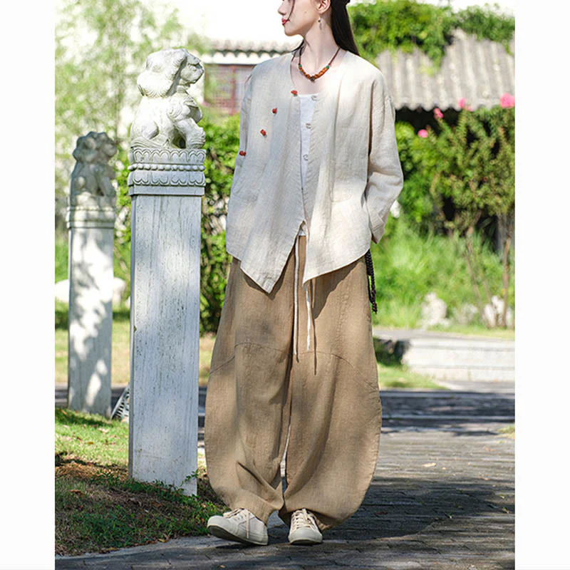 Camicetta ampia in lino ramiè tinta unita Buddha Stones, a maniche lunghe, cinese Hanfu Top - Image 8