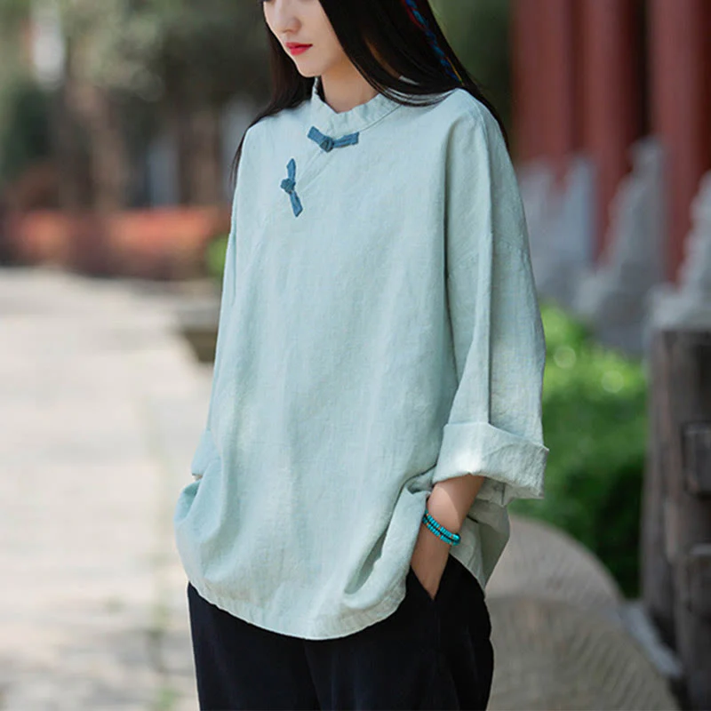 Camicetta larga in lino ramiè Buddha Stones da donna, a maniche lunghe, cinese Hanfu Top