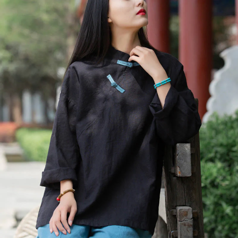 Camicetta larga in lino ramiè Buddha Stones da donna, a maniche lunghe, cinese Hanfu Top - Image 13