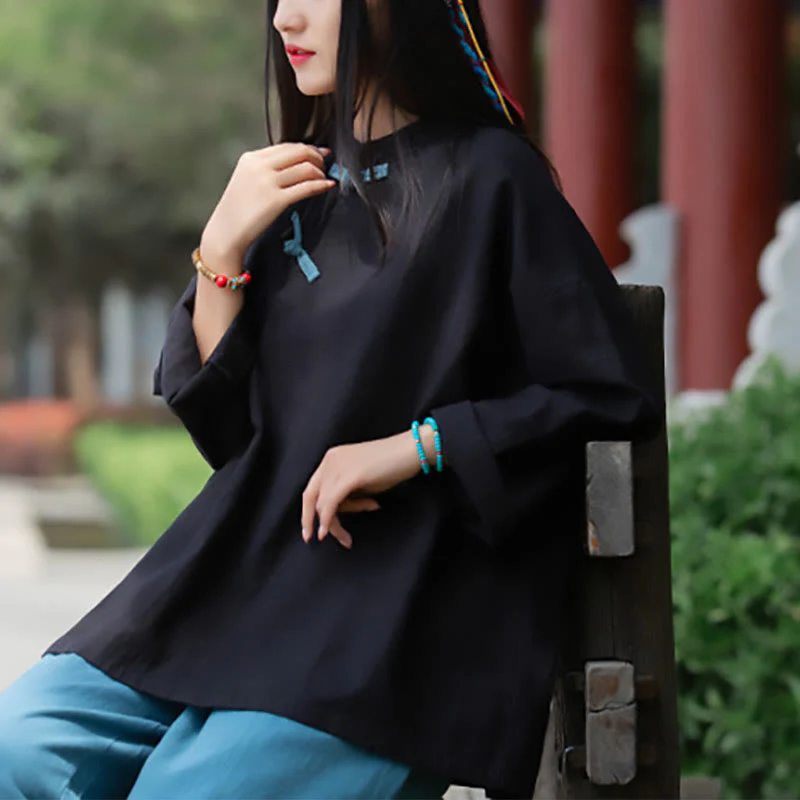 Camicetta larga in lino ramiè Buddha Stones da donna, a maniche lunghe, cinese Hanfu Top - Image 14