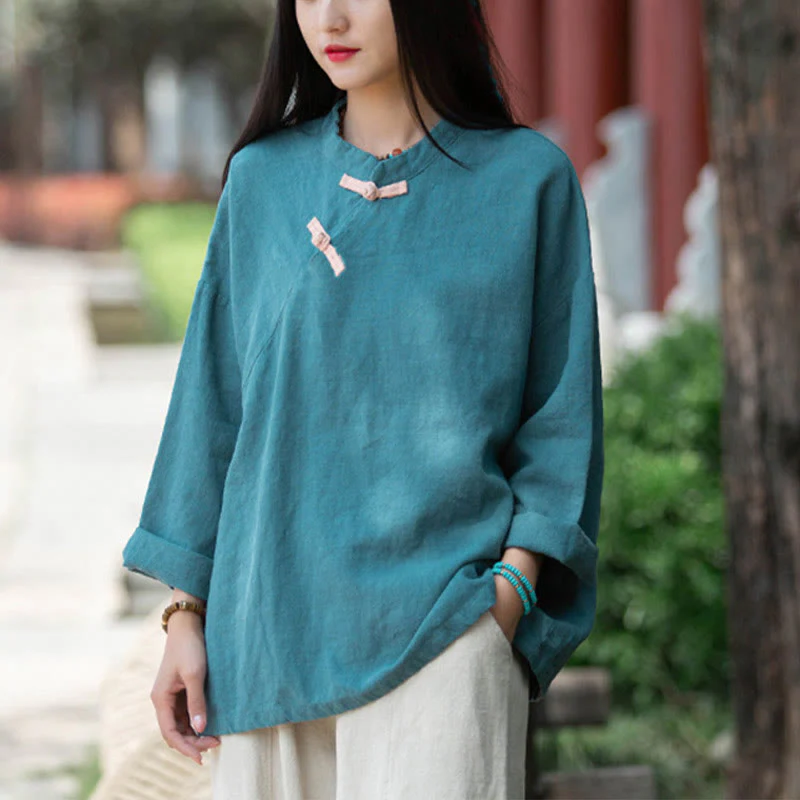 Camicetta larga in lino ramiè Buddha Stones da donna, a maniche lunghe, cinese Hanfu Top - Image 20
