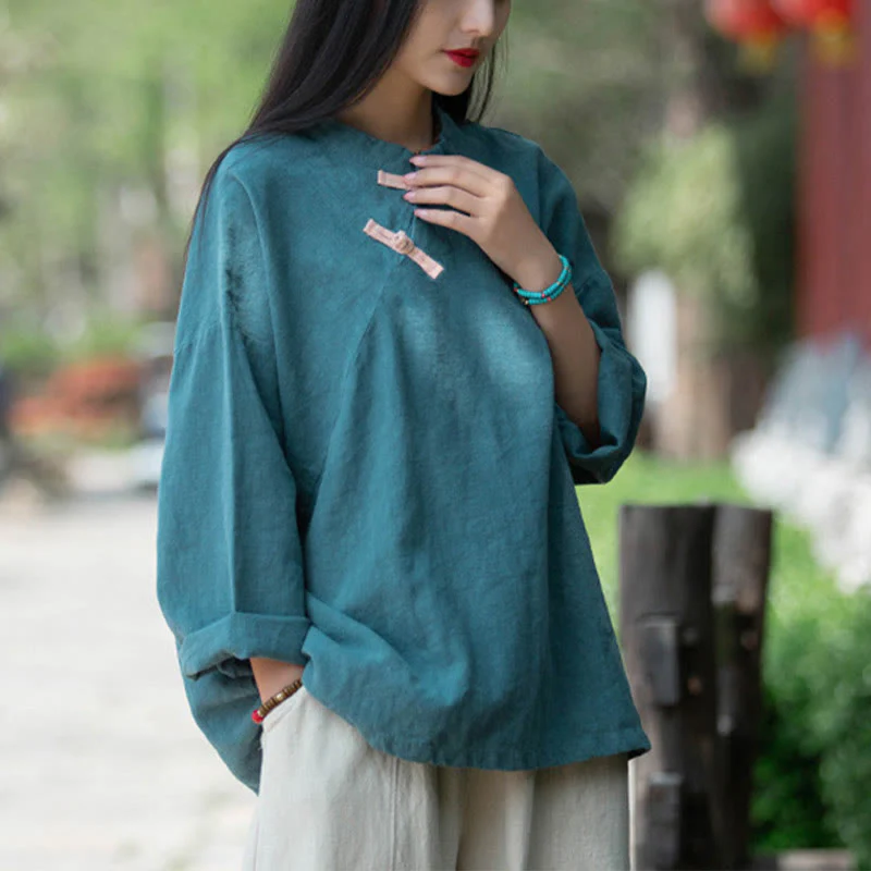 Camicetta larga in lino ramiè Buddha Stones da donna, a maniche lunghe, cinese Hanfu Top - Image 22