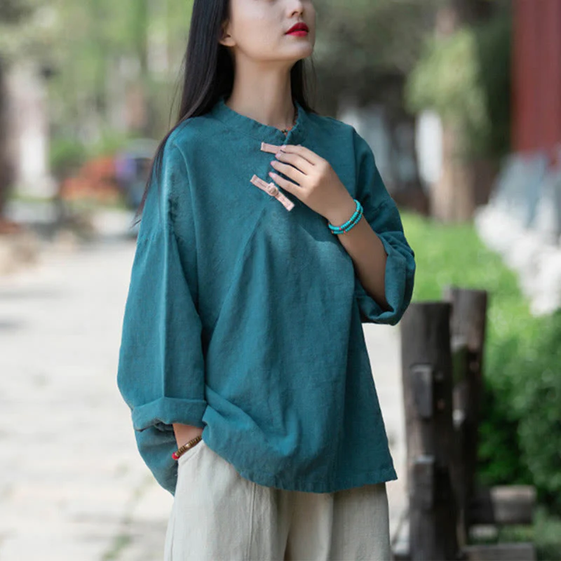 Camicetta larga in lino ramiè Buddha Stones da donna, a maniche lunghe, cinese Hanfu Top - Image 23