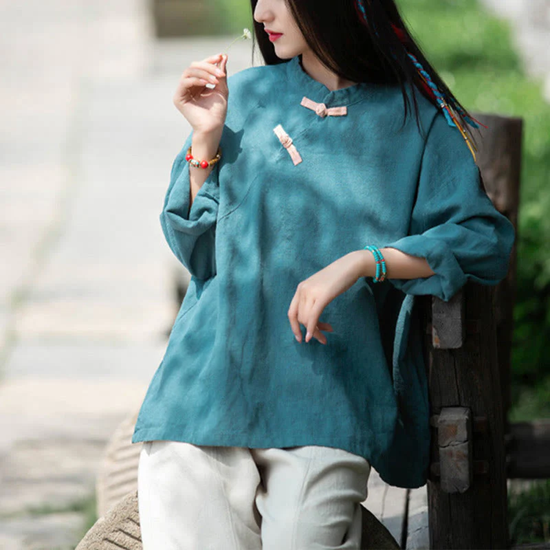 Camicetta larga in lino ramiè Buddha Stones da donna, a maniche lunghe, cinese Hanfu Top - Image 24