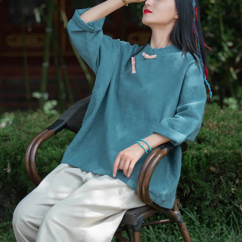 Camicetta larga in lino ramiè Buddha Stones da donna, a maniche lunghe, cinese Hanfu Top - Image 26
