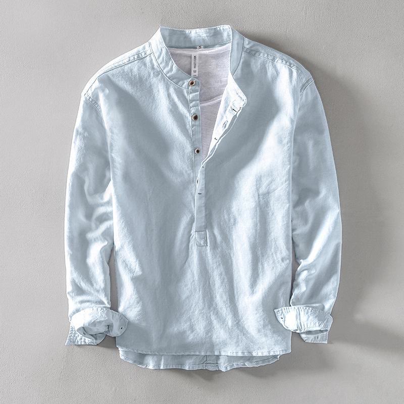 Camicia a Buddha Stones lunghe con bottoni a tinta unita in cotone e lino, abbigliamento maschile