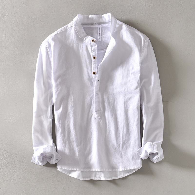 Camicia a Buddha Stones lunghe con bottoni a tinta unita in cotone e lino, abbigliamento maschile - Image 2