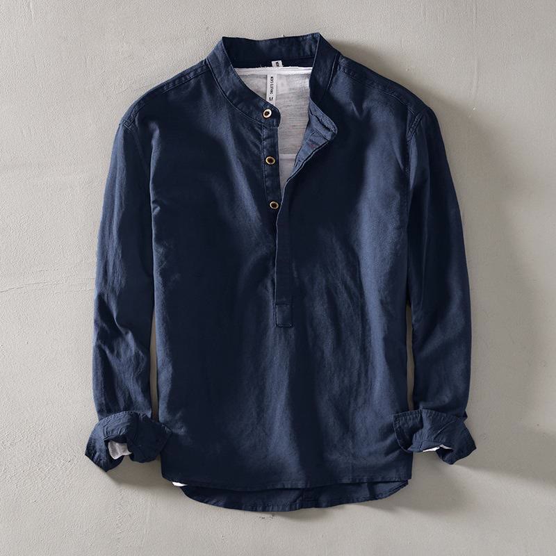 Camicia a Buddha Stones lunghe con bottoni a tinta unita in cotone e lino, abbigliamento maschile - Image 3