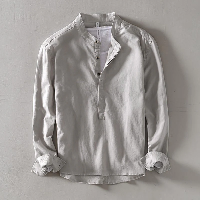 Camicia a Buddha Stones lunghe con bottoni a tinta unita in cotone e lino, abbigliamento maschile - Image 4