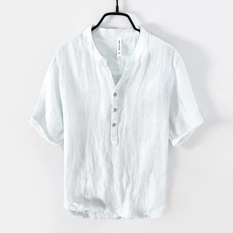 Camicia a maniche corte con bottoni a tinta unita Buddha Stones in cotone e lino per uomo - Image 13