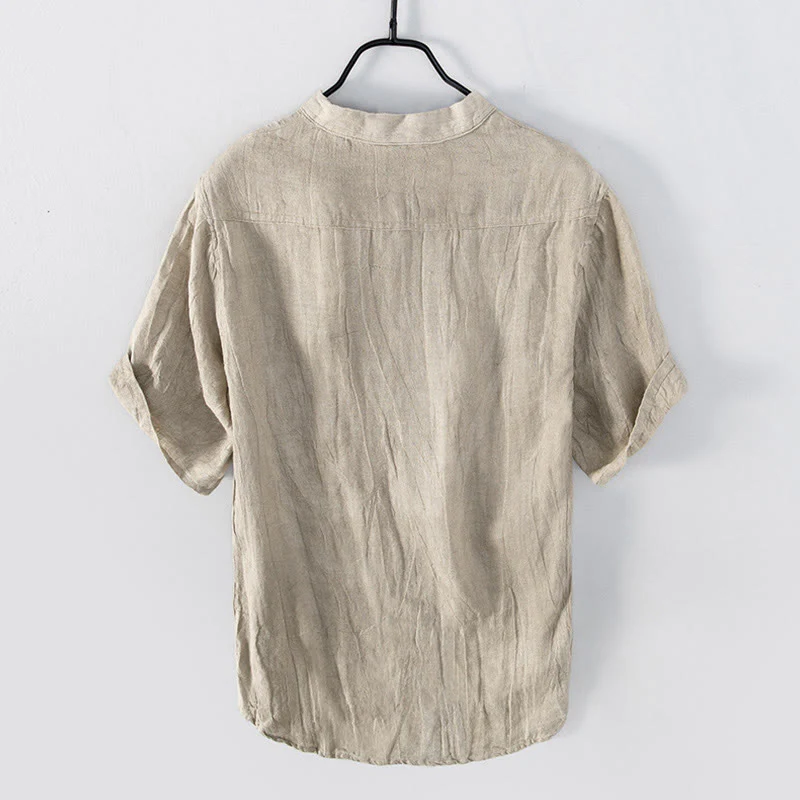 Camicia a maniche corte con bottoni a tinta unita Buddha Stones in cotone e lino per uomo - Image 19