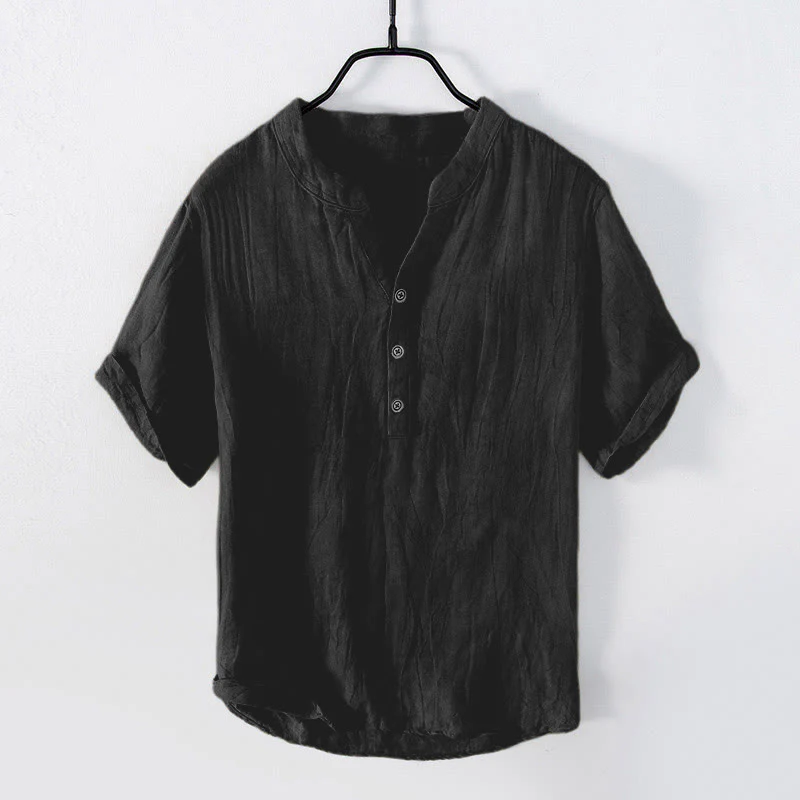 Camicia a maniche corte con bottoni a tinta unita Buddha Stones in cotone e lino per uomo - Image 22
