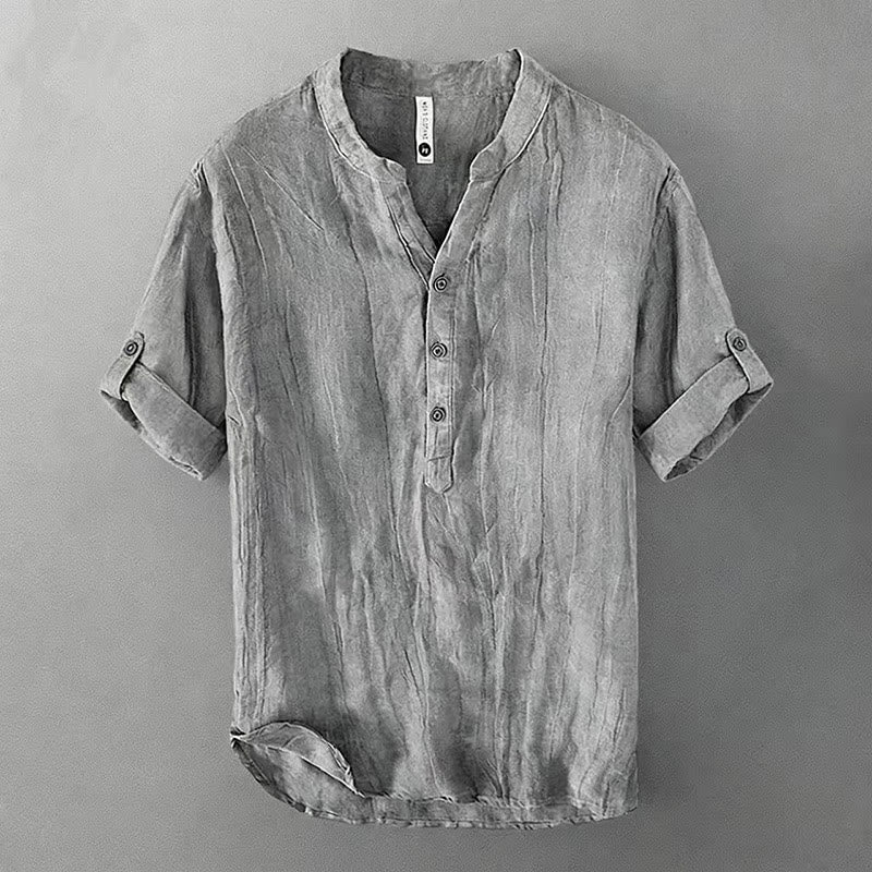 Camicia a maniche corte con bottoni a tinta unita Buddha Stones in cotone e lino per uomo - Image 32