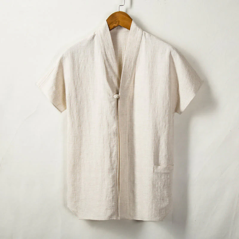 Camicia da uomo a maniche corte con taschino e scollo a V, in cotone e lino, Buddha Stones.