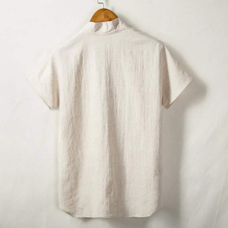 Camicia da uomo a maniche corte con taschino e scollo a V, in cotone e lino, Buddha Stones. - Image 2