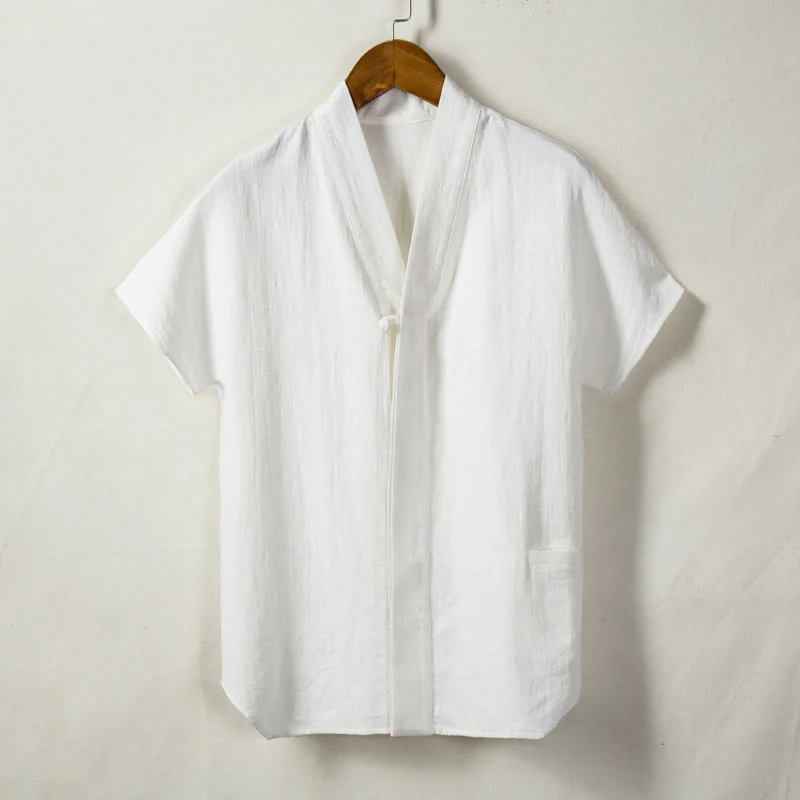Camicia da uomo a maniche corte con taschino e scollo a V, in cotone e lino, Buddha Stones. - Image 3