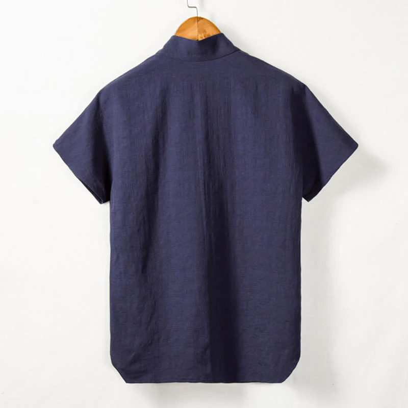 Camicia da uomo a maniche corte con taschino e scollo a V, in cotone e lino, Buddha Stones. - Image 8