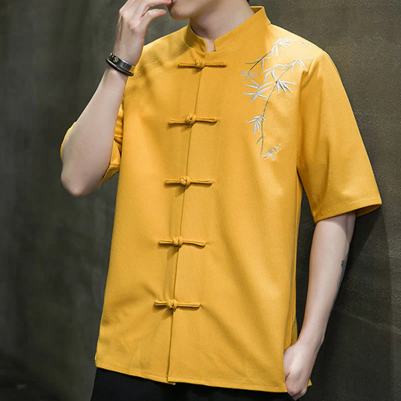 Camicia a maniche corte da uomo con ricamo a forma di libellula, foglia, bottone e rana Buddha Stones - Image 10