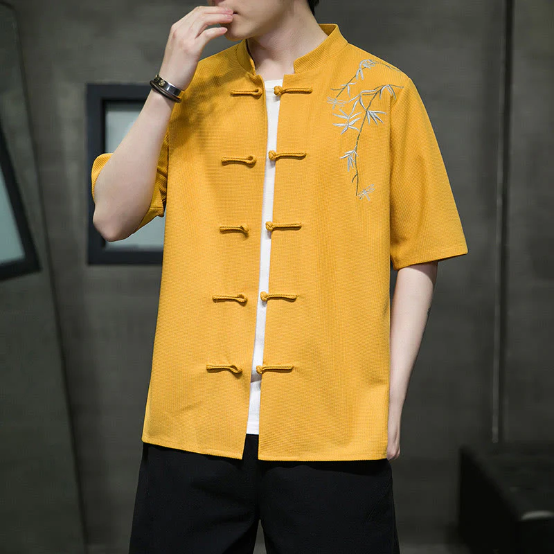 Camicia a maniche corte da uomo con ricamo a forma di libellula, foglia, bottone e rana Buddha Stones - Image 11