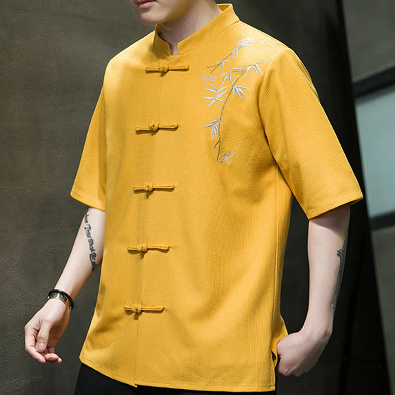 Camicia a maniche corte da uomo con ricamo a forma di libellula, foglia, bottone e rana Buddha Stones - Image 12