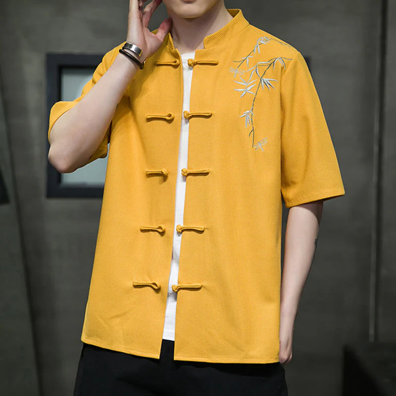 Camicia a maniche corte da uomo con ricamo a forma di libellula, foglia, bottone e rana Buddha Stones - Image 13
