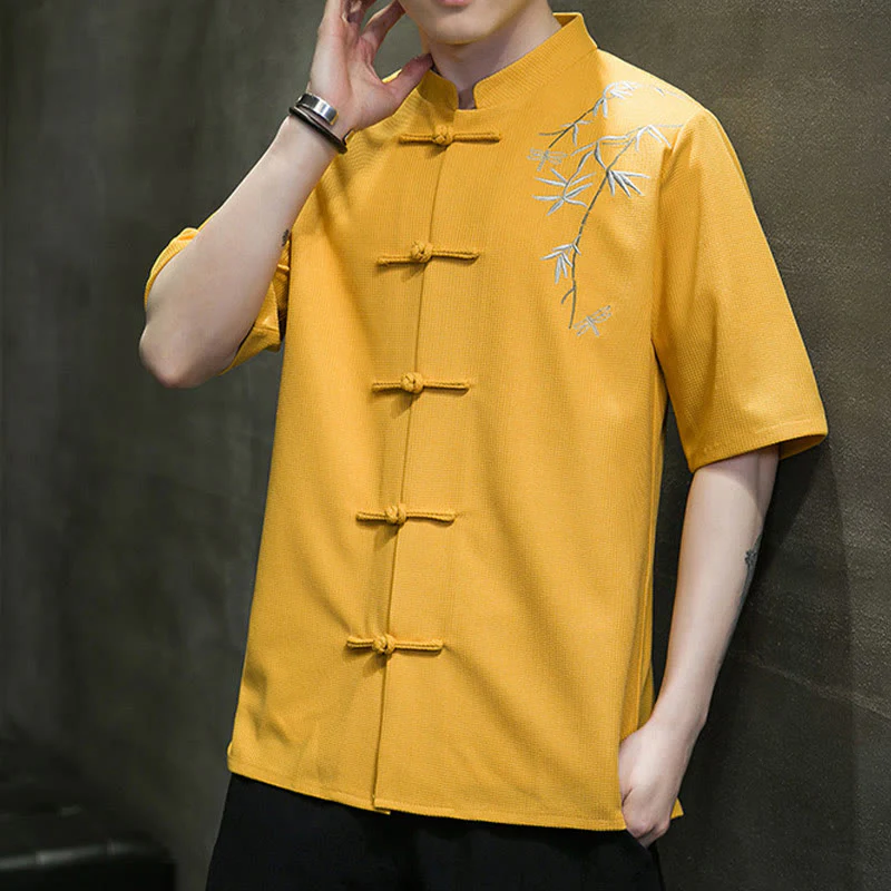 Camicia a maniche corte da uomo con ricamo a forma di libellula, foglia, bottone e rana Buddha Stones - Image 14