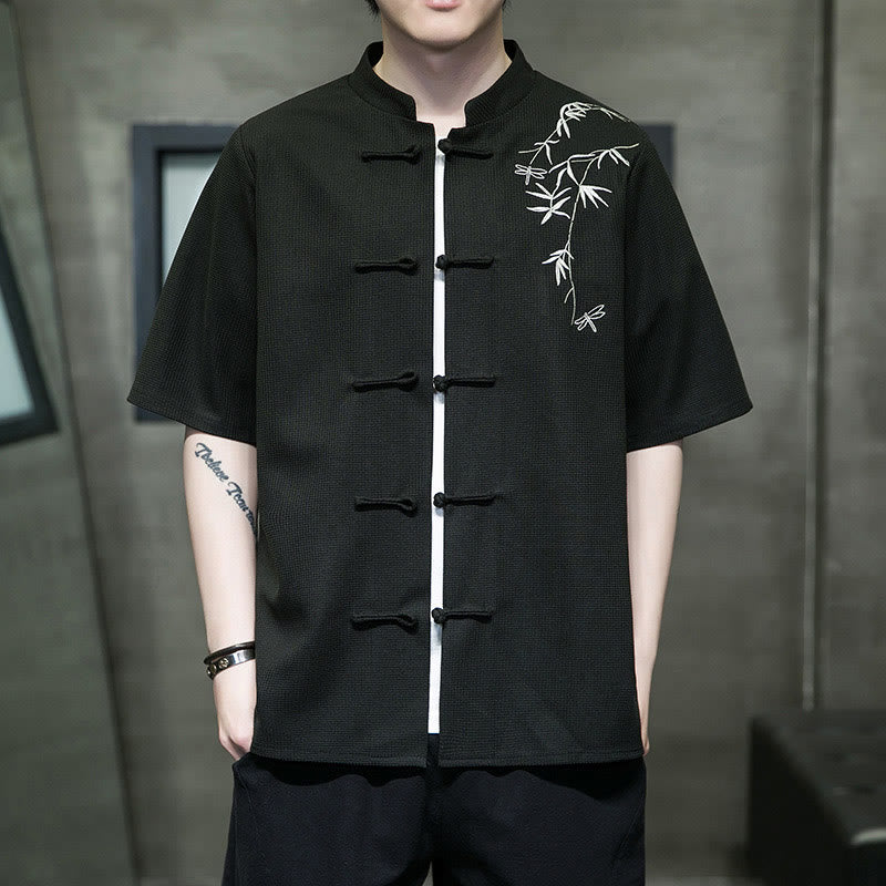 Camicia a maniche corte da uomo con ricamo a forma di libellula, foglia, bottone e rana Buddha Stones - Image 15