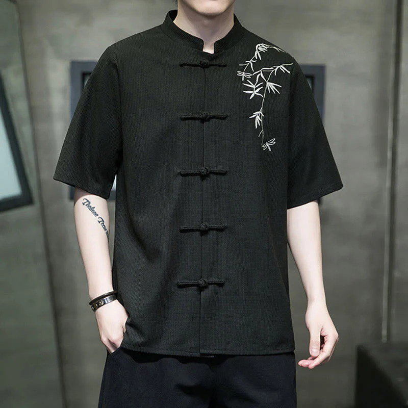 Camicia a maniche corte da uomo con ricamo a forma di libellula, foglia, bottone e rana Buddha Stones - Image 16
