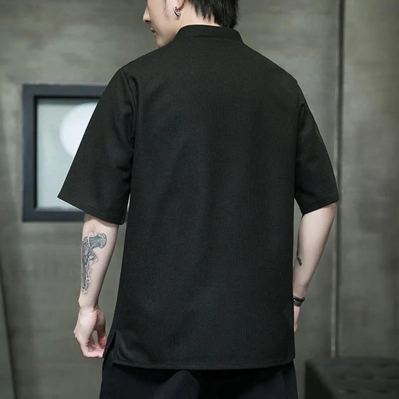 Camicia a maniche corte da uomo con ricamo a forma di libellula, foglia, bottone e rana Buddha Stones - Image 17