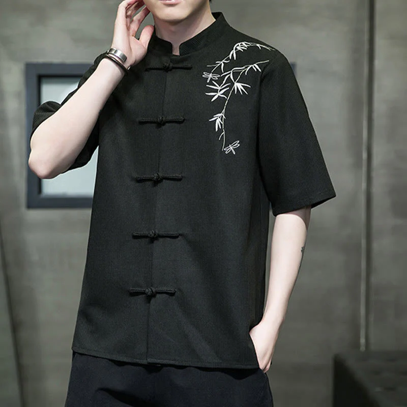 Camicia a maniche corte da uomo con ricamo a forma di libellula, foglia, bottone e rana Buddha Stones - Image 18