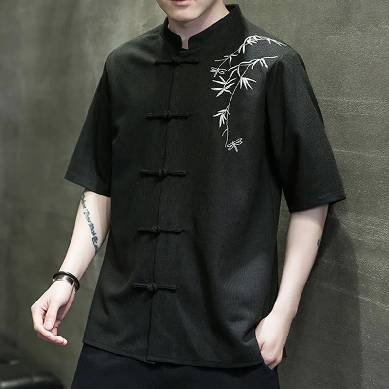 Camicia a maniche corte da uomo con ricamo a forma di libellula, foglia, bottone e rana Buddha Stones - Image 19