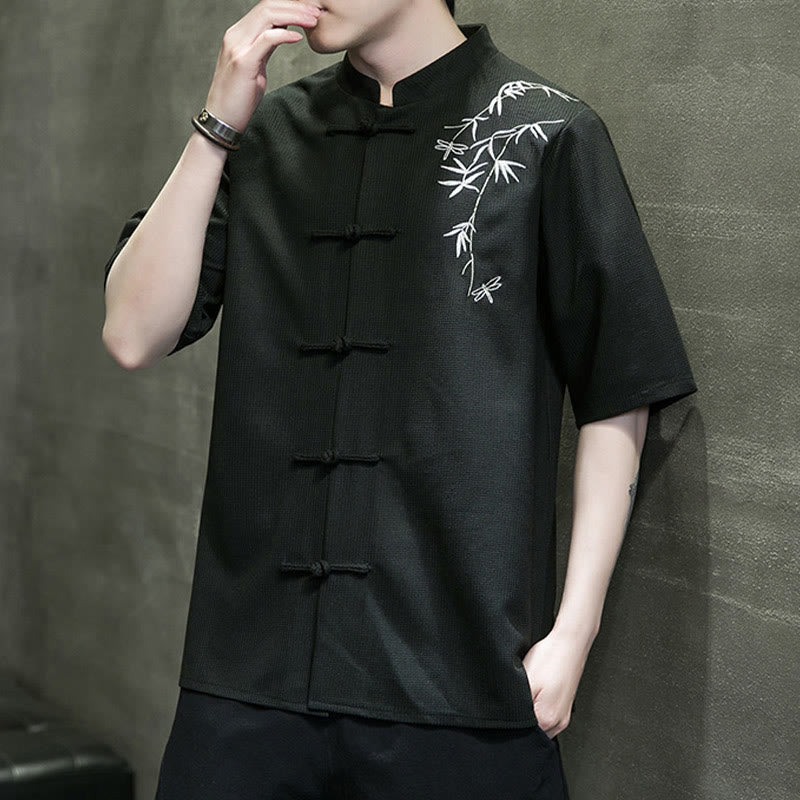 Camicia a maniche corte da uomo con ricamo a forma di libellula, foglia, bottone e rana Buddha Stones - Image 20